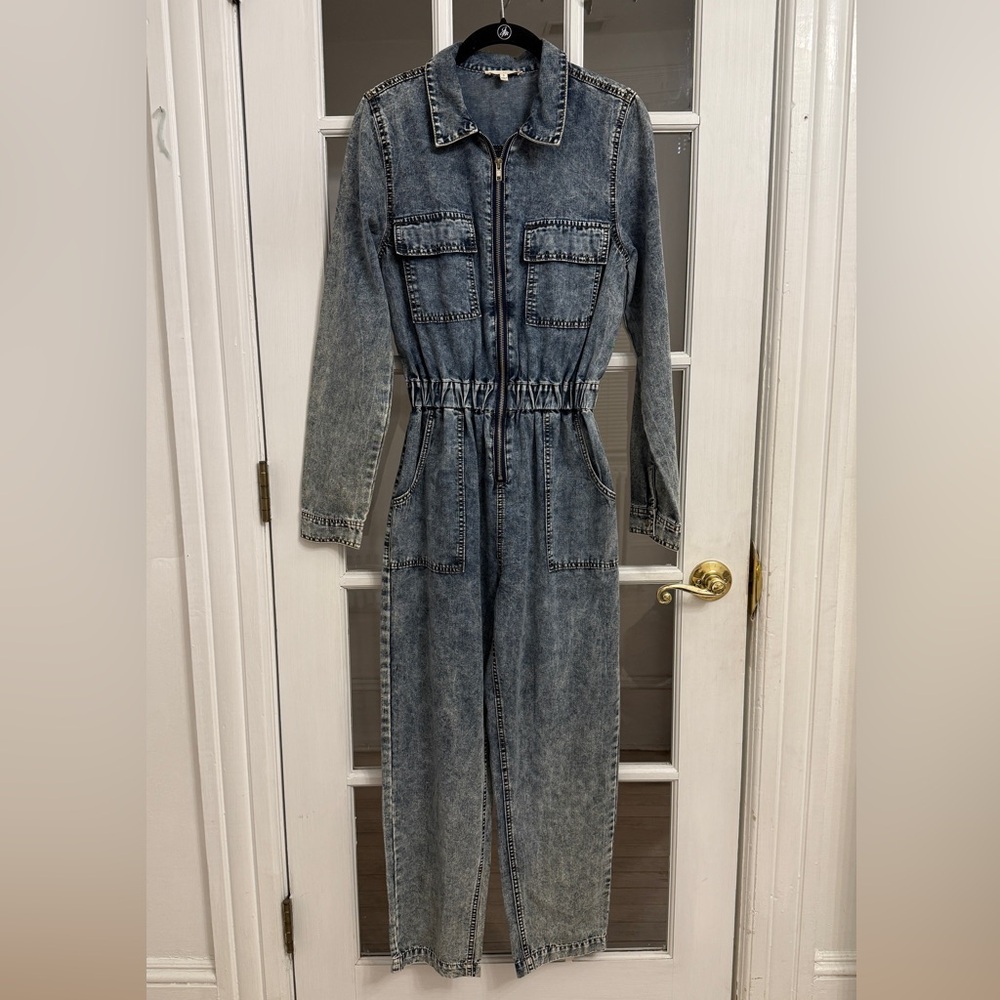 PROMESA Women’s Vintage Wash Denim Elastic Waist Zip Up Long Sleeve Jumpsuit